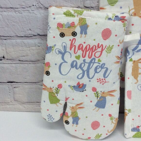 Happy Easter 3 Pc Kitchen Set Spring Pastel Blue Dish Towel/Pot Holder/Oven Mitt - Picture 7 of 9